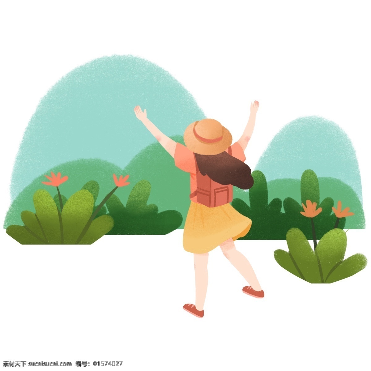 踏青 开心 小女孩 踏青人物插画 开心的小女孩 黄色的帽子 红色的小花 绿色的叶子 植物装饰