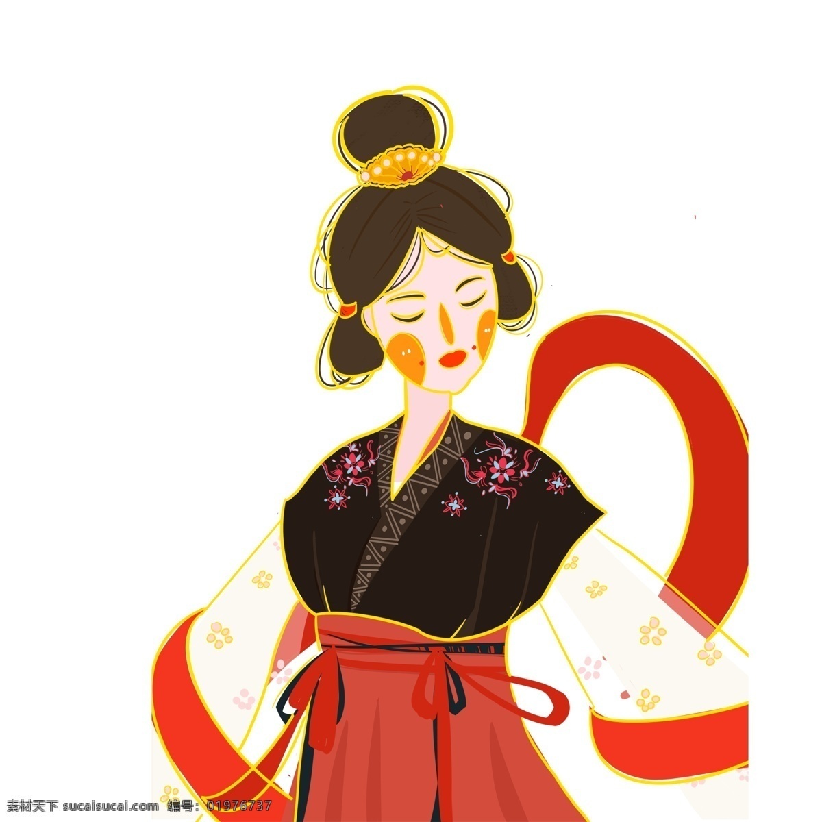 手绘 一个 穿 唐装 女人 卡通 中国风 唐代 美女 古代女人