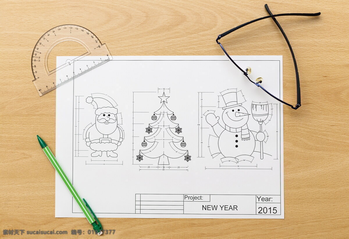 木板 上 圣诞节 图纸 设计图纸 新年 节日 笔 工具 尺子 眼镜 圣诞节图片 生活百科
