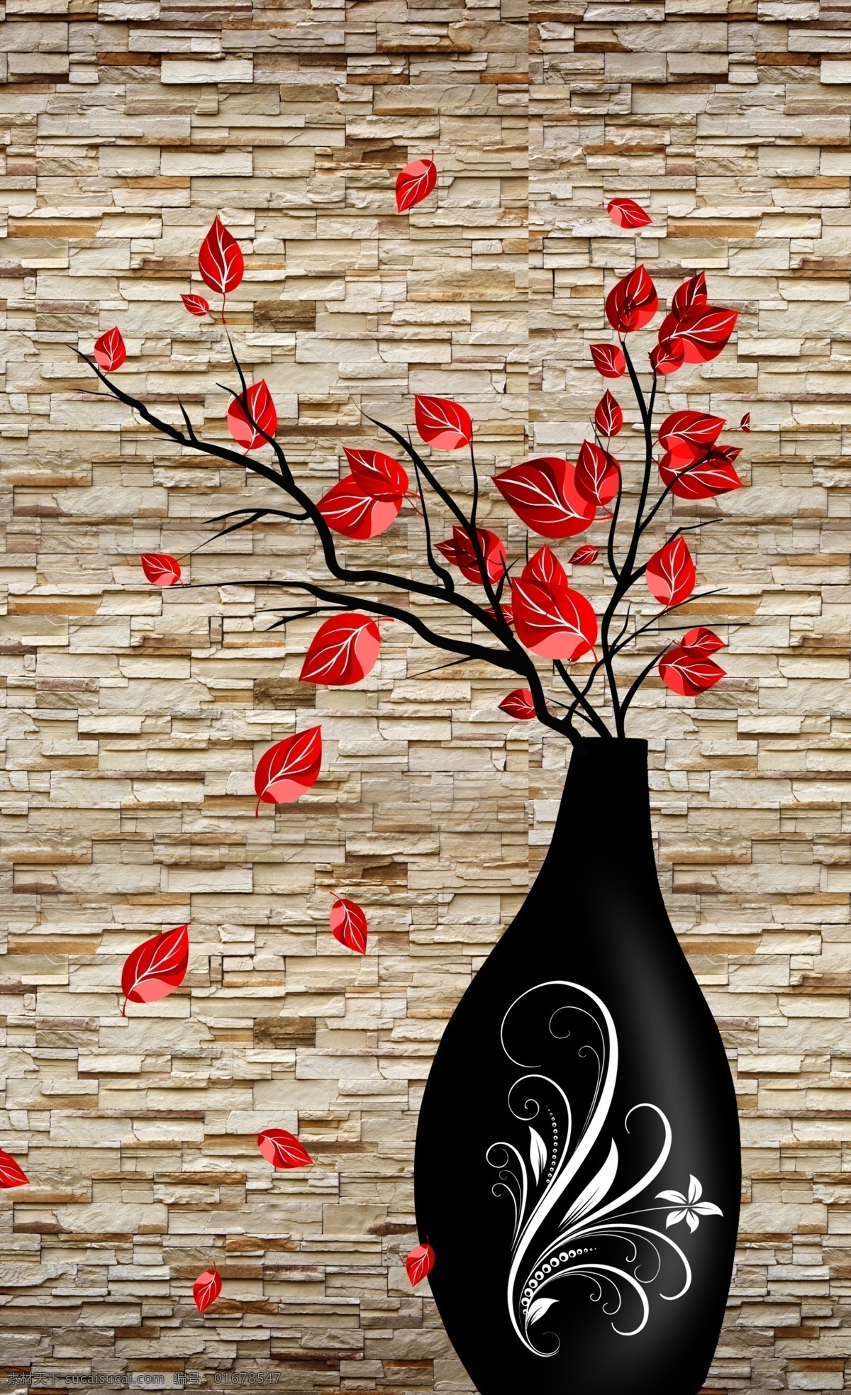 玄关画 花瓶 墙体 黑色花瓶 花束 海报 分层