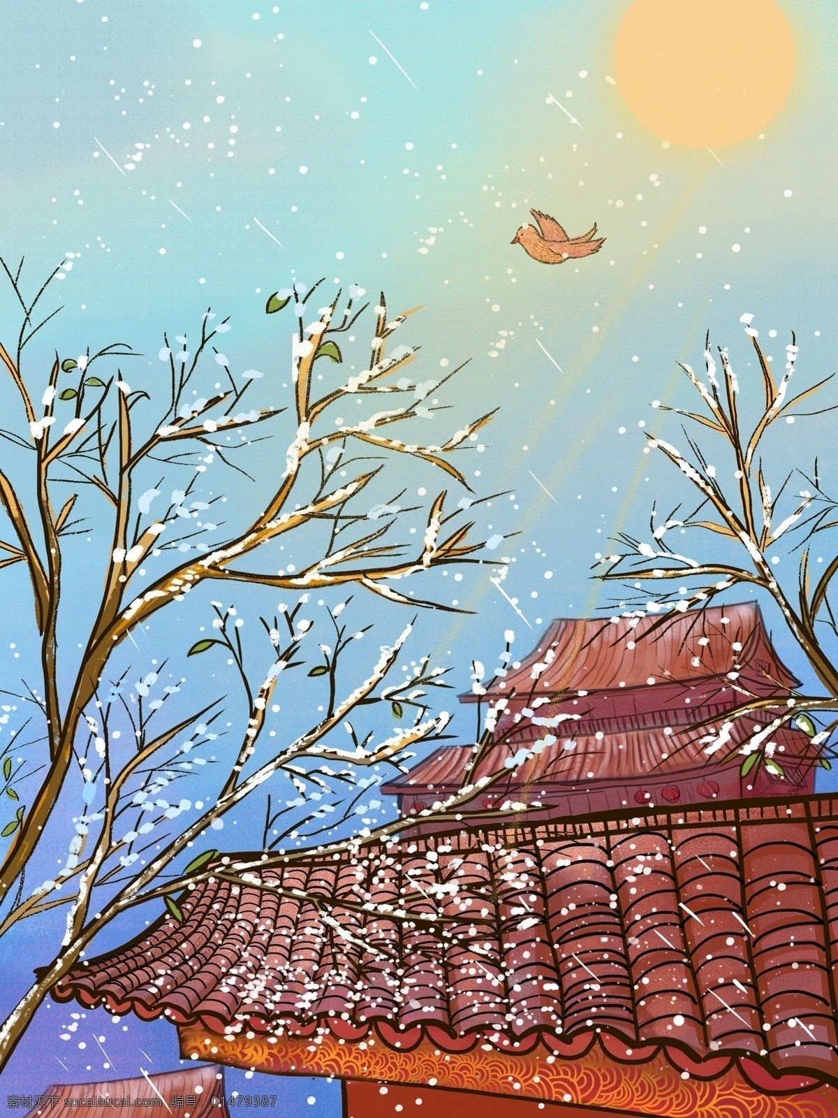 中国 风 水彩画 十二月 你好 下雪 唯美 插画 冬天 雪景 阳光 肌理 中国风 十二月你好 唯美清新 大雪 早安 水彩水墨