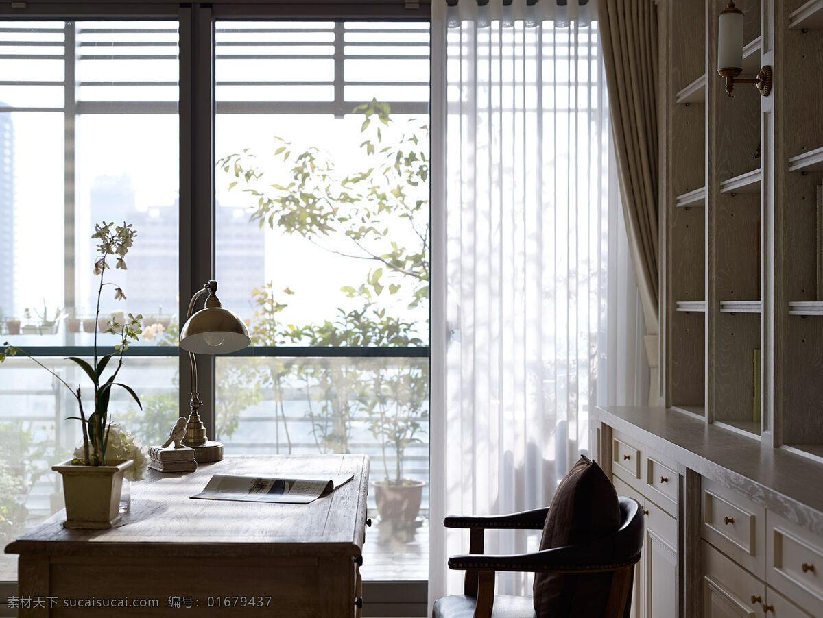 阳光 自然 舒适 中式 书房 装修 效果图 白色纱窗 复古台灯 绿植盆栽 落地窗 木制书架 室内装修