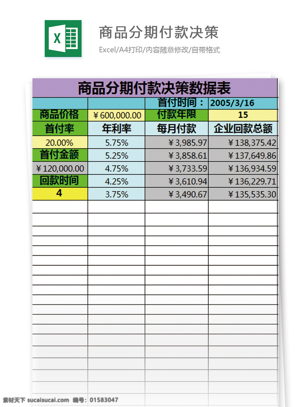 商品分期付款决策excel模板表格素材图片下载-素材编号01583047-素材天下图库