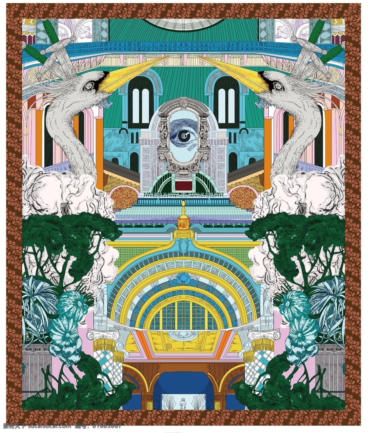 复古 花 图案 线条 鹤 火烈鸟 眼睛 对称 建筑结构 数码印花 印花
