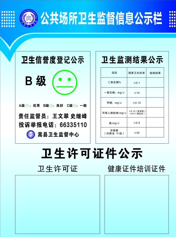 卫生公示栏 公示栏 管理制度 许可证 卫生监督栏 禁止吸烟