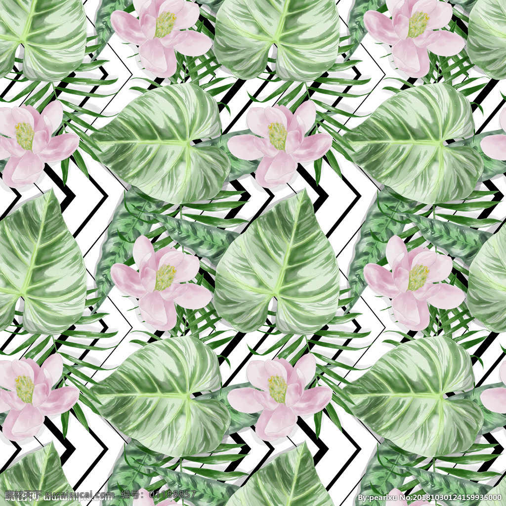 格子树叶花 热带植物 服装纺织 数码印花图案 花 树叶