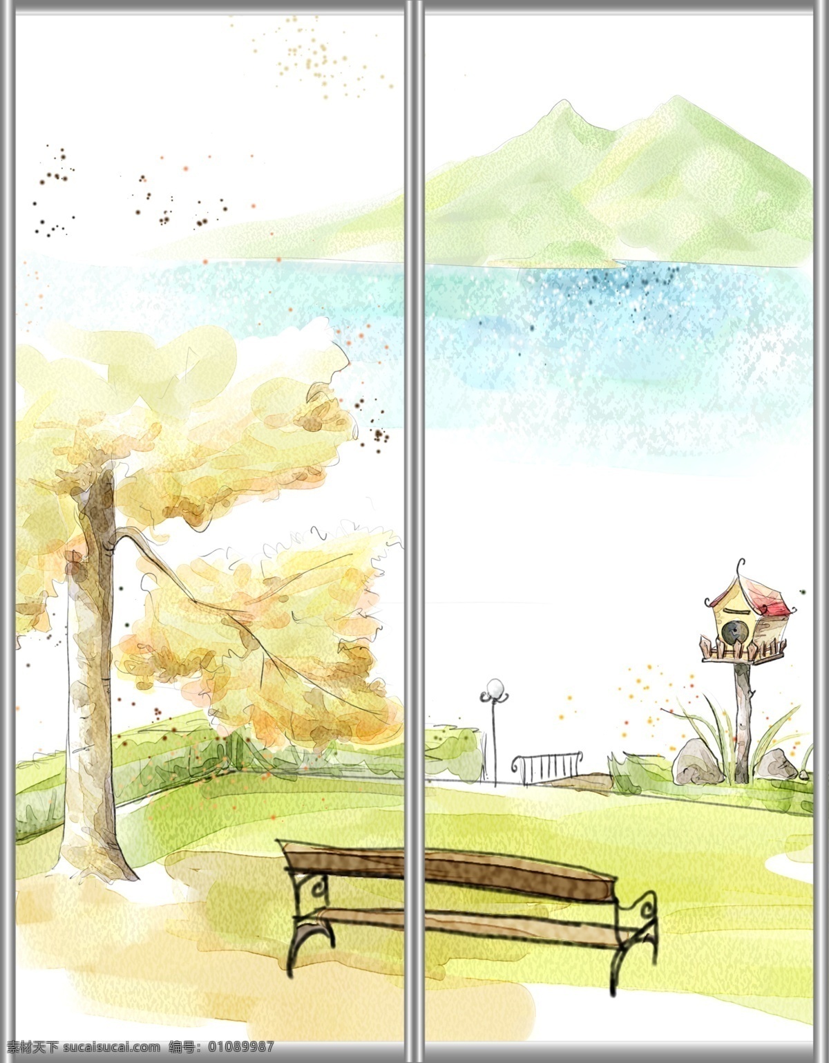 草地 插画 大树 风景 广告设计模板 山峰 山脉 手绘 移门风景 移门汇 移门 移门图 椅子 信箱 移门图案 源文件 家居装饰素材