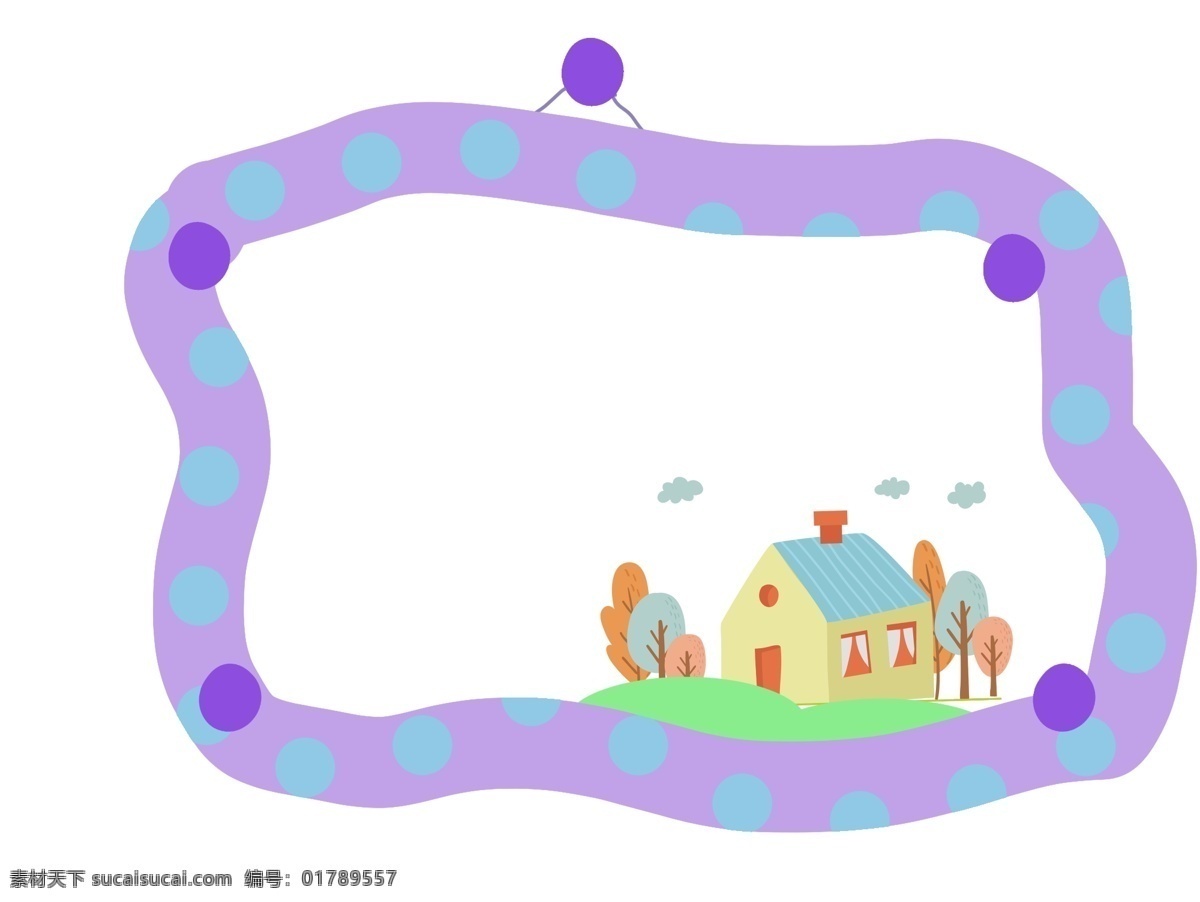浪漫 紫色 边框 插画 房屋植物 云朵 烟囱 浪漫紫色边框 紫色边框 植物草坪 创意边框 小清新