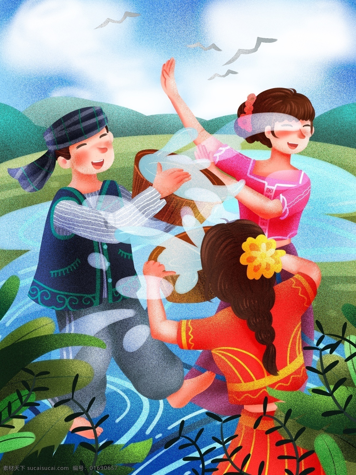 傣族 泼水节 河边 泼 水 玩耍 清新 原创 插画 节日 传统节日 泼水 傣族男女 传统服饰 盆 风俗