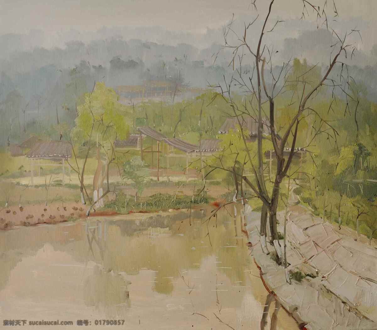 山边 池塘 风景 油画 高清风景油画 装饰素材
