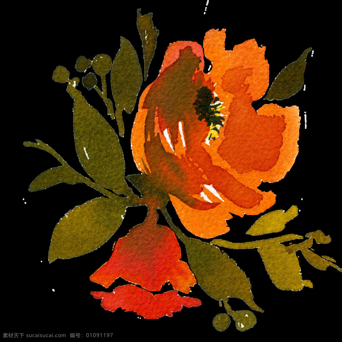 橘 色 晕染 花会 透明 复古 花纹 橘红色 免扣素材 水彩 透明素材 叶子 装饰图案
