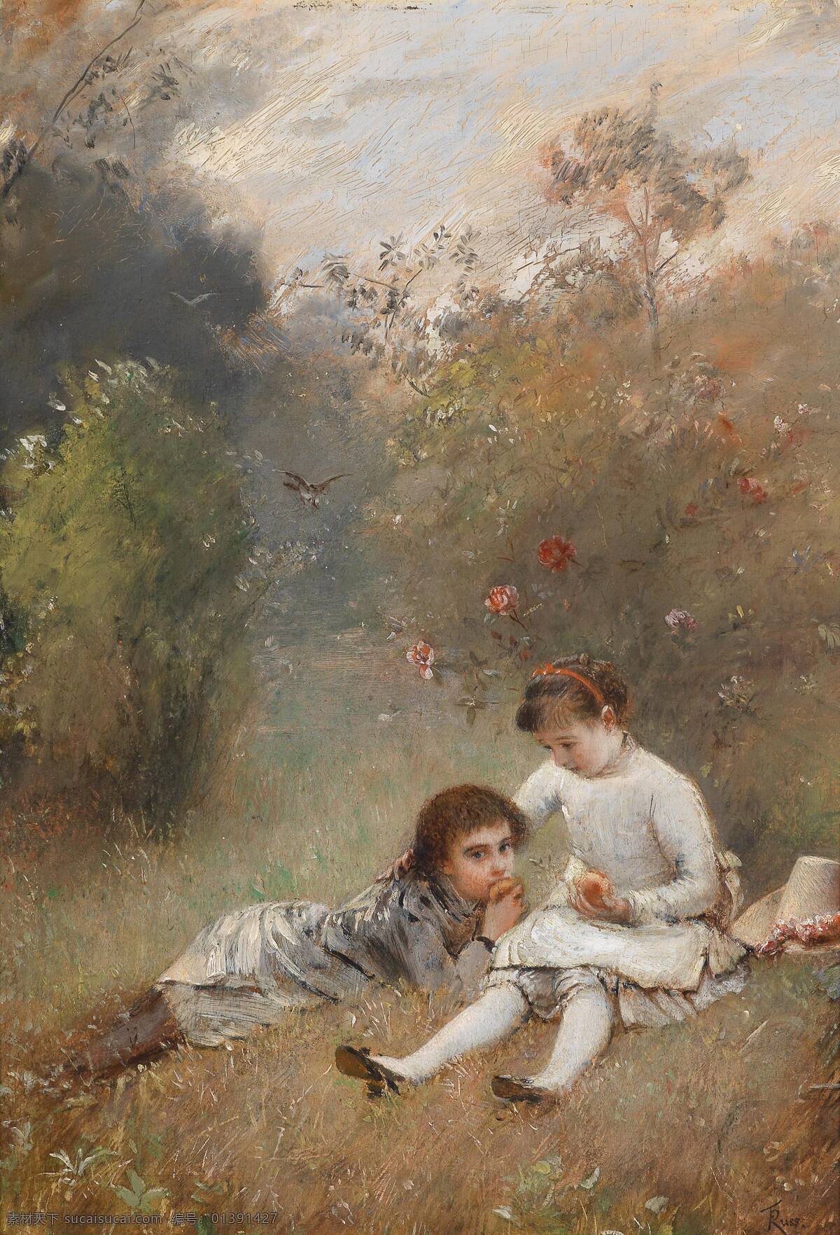 小姐妹 在树林中 坐像 半趴着 帽子 鲜花 交谈 悠闲 19世纪油画 油画 文化艺术 绘画书法
