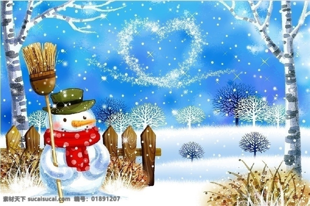 冬天风景插画 下雪 雪山 雪人 小河 围栏 白杨树 田园风光 韩国插画 手绘插画 冬天插画精品 分层 源文件 插画风景 风景