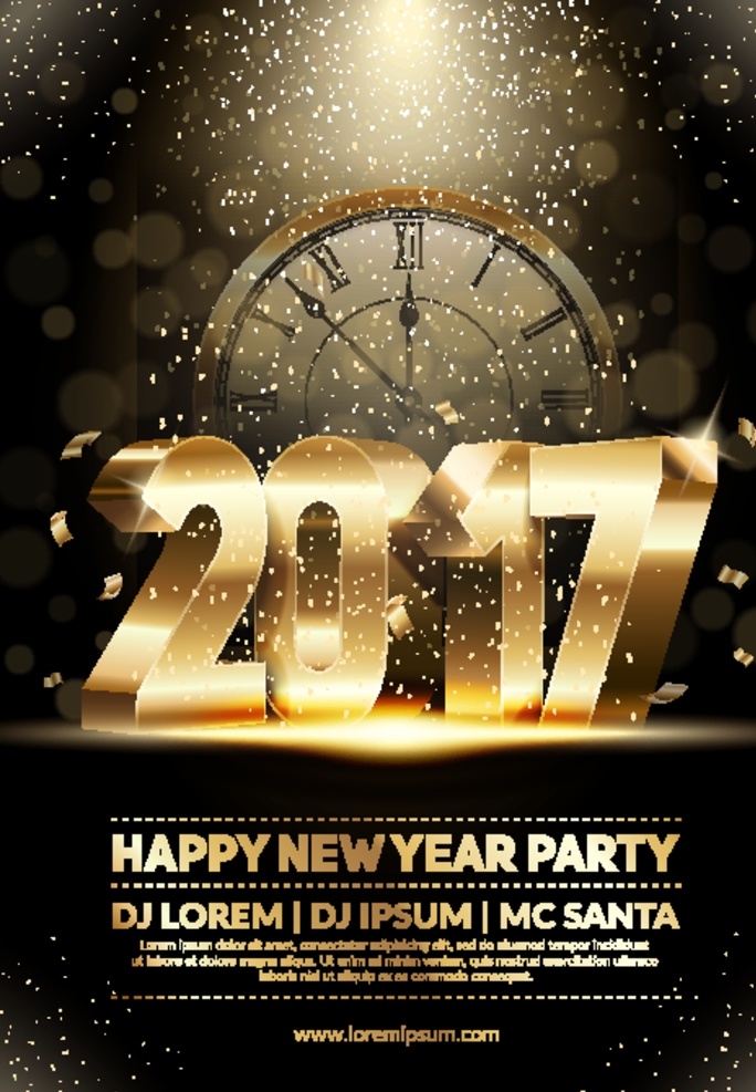 新年海报图片 金色 新年背景 时钟 光斑 粒子 唯美 矢量 高清图片