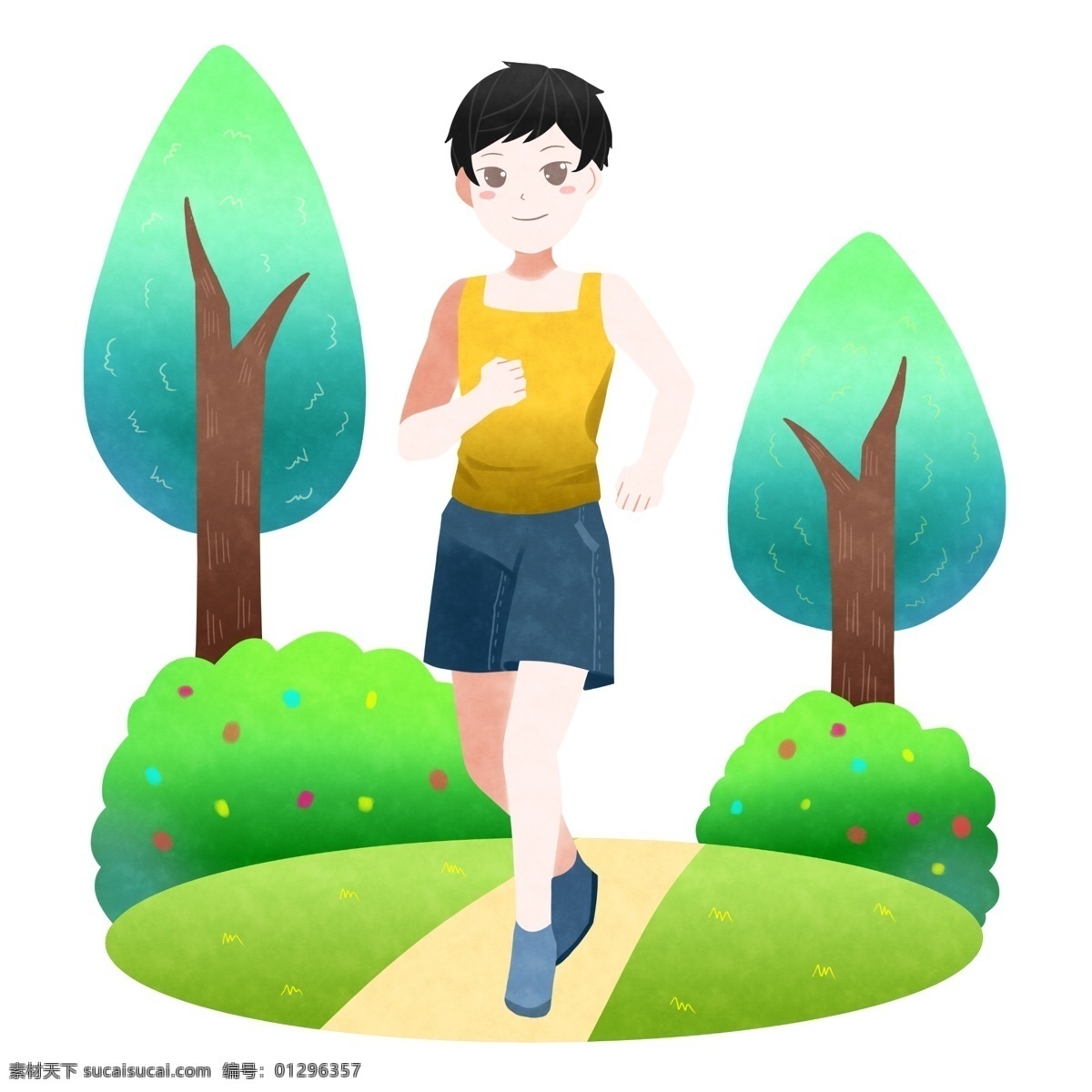 跑步 小 男孩 插画 跑步的男孩 健身运动 绿色树木 植物装饰 大自然 健身的男孩 晨跑 锻炼身体