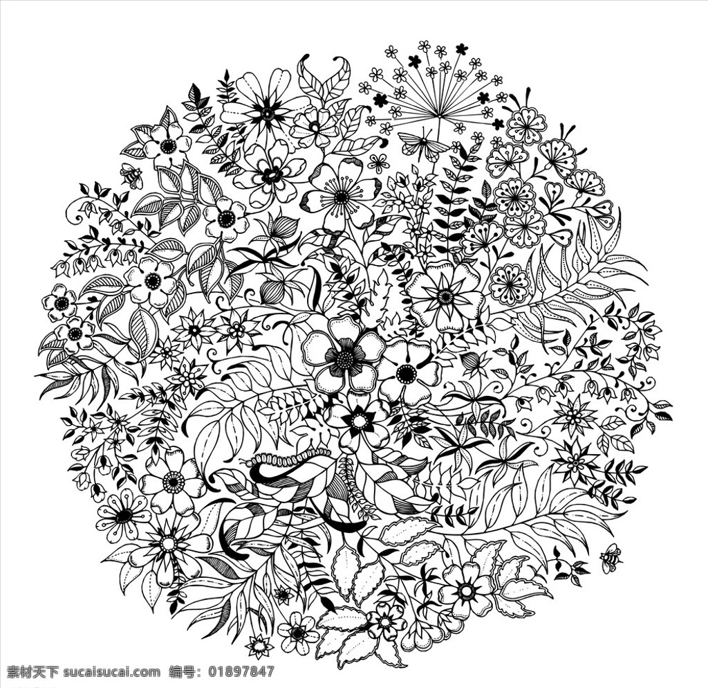 黑白 花朵 复杂 剪纸 底纹 单色 矢量 植株 黑白花纹样式 底纹边框 背景底纹 白色