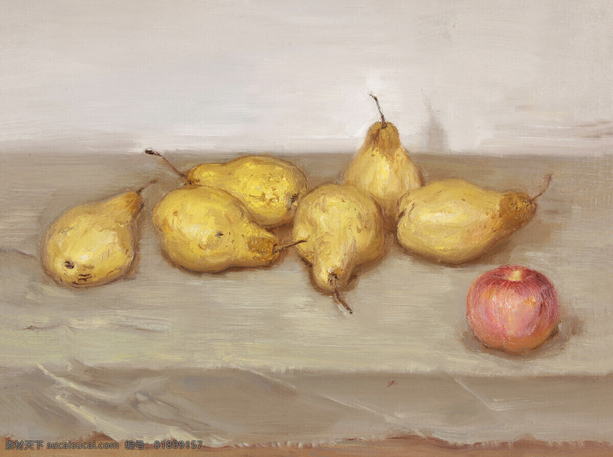 六 梨子 一个 苹果 静物 写实油画 油画 中国画 装饰 装饰素材