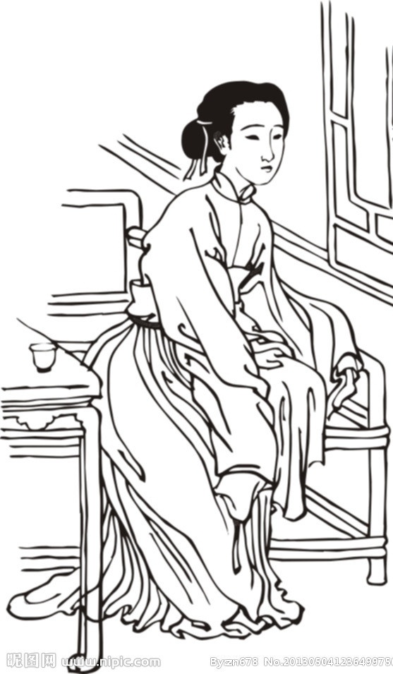 思春少女 美女 寂寞少女 古代人物 矢量人物 线描人物 黑白 人物 古代 矢量 图集 日常生活