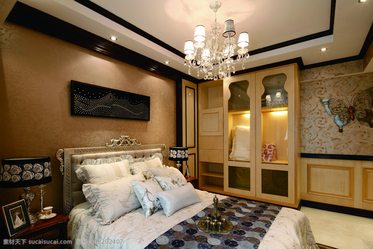 欧式 卧室 床铺 装修 效果图 白色射灯 壁灯 方形吊顶 个性吊灯 灰色墙壁 浅色地板砖 置物柜