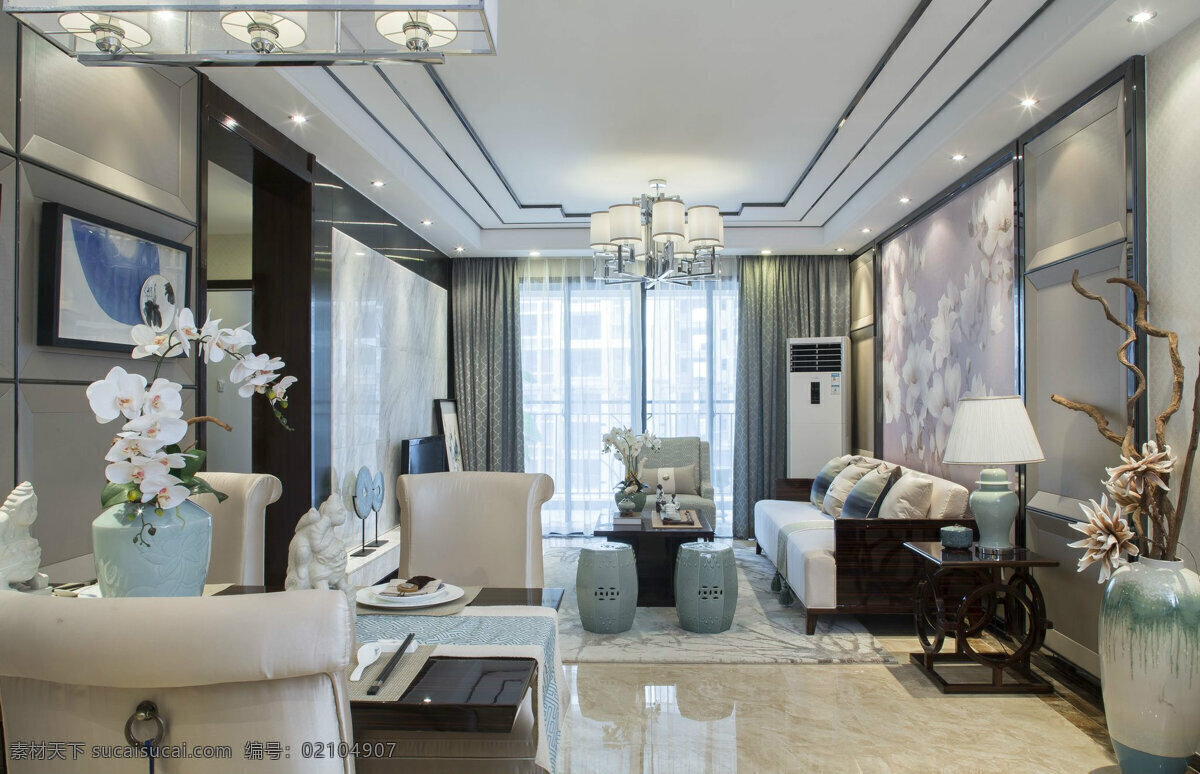现代 时尚 亮色 客厅 方形 吊灯 室内装修 效果图 大理石地板 客厅装修 壁灯 白色沙发椅