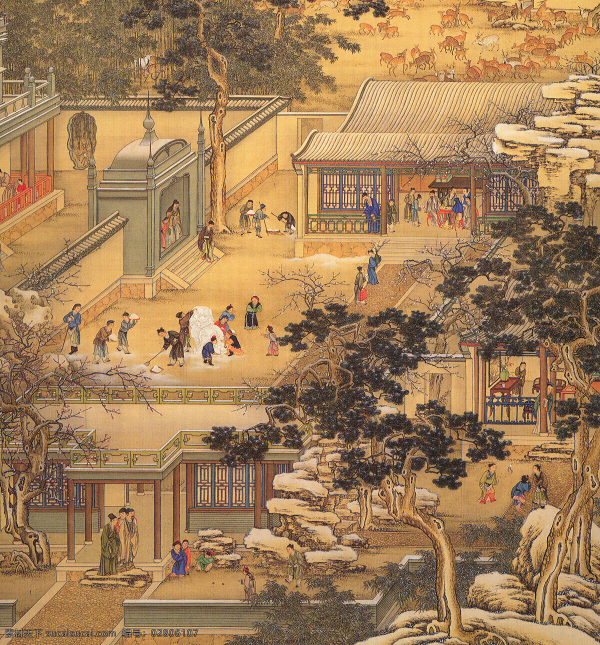 国画 青石 松树 梅花鹿 推雪 树 农家 文化艺术 绘画书法 设计图库