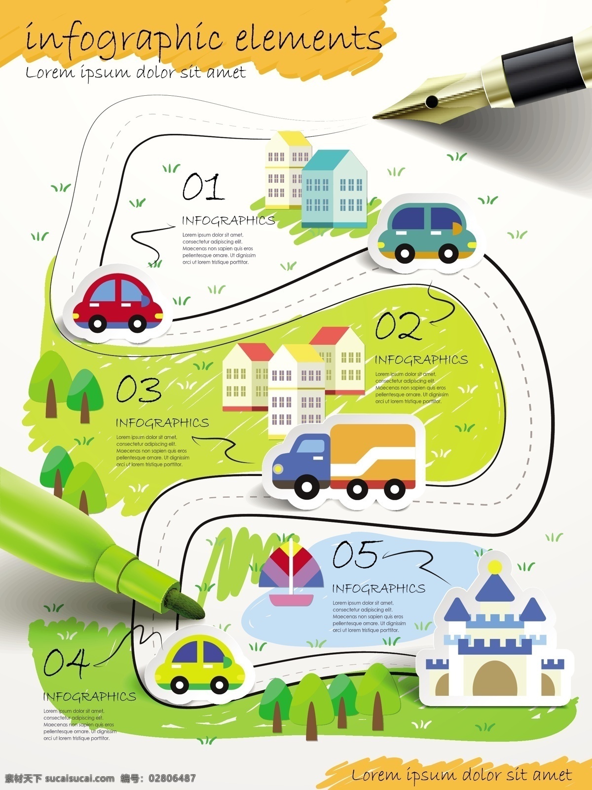 城市 商务 信息 图 钢笔 汽车 树木 水彩笔 精致 矢量图 其他矢量图