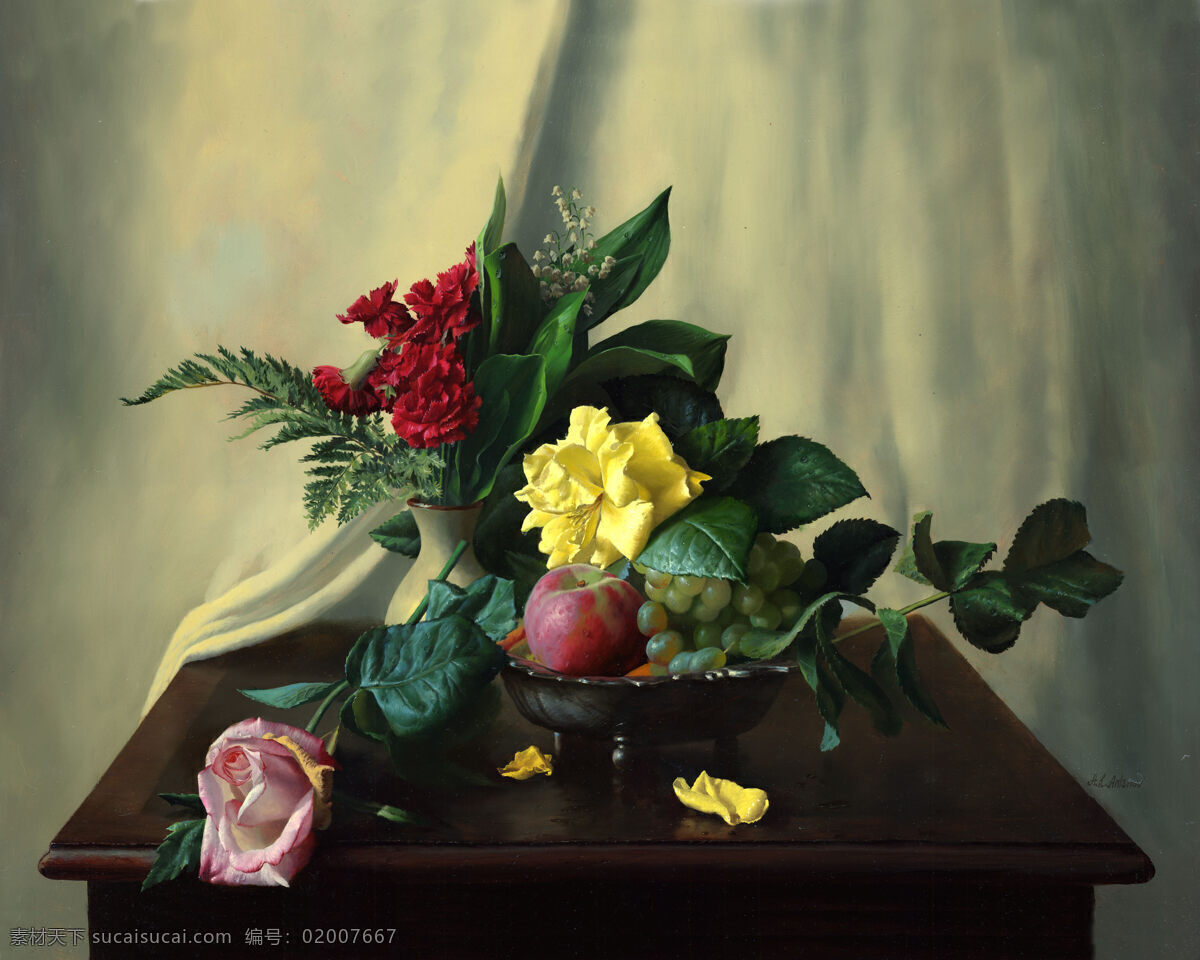 油画静物 油画 静物 写实 alexei antonov 花 水果 桌子 布 绘画书法 文化艺术