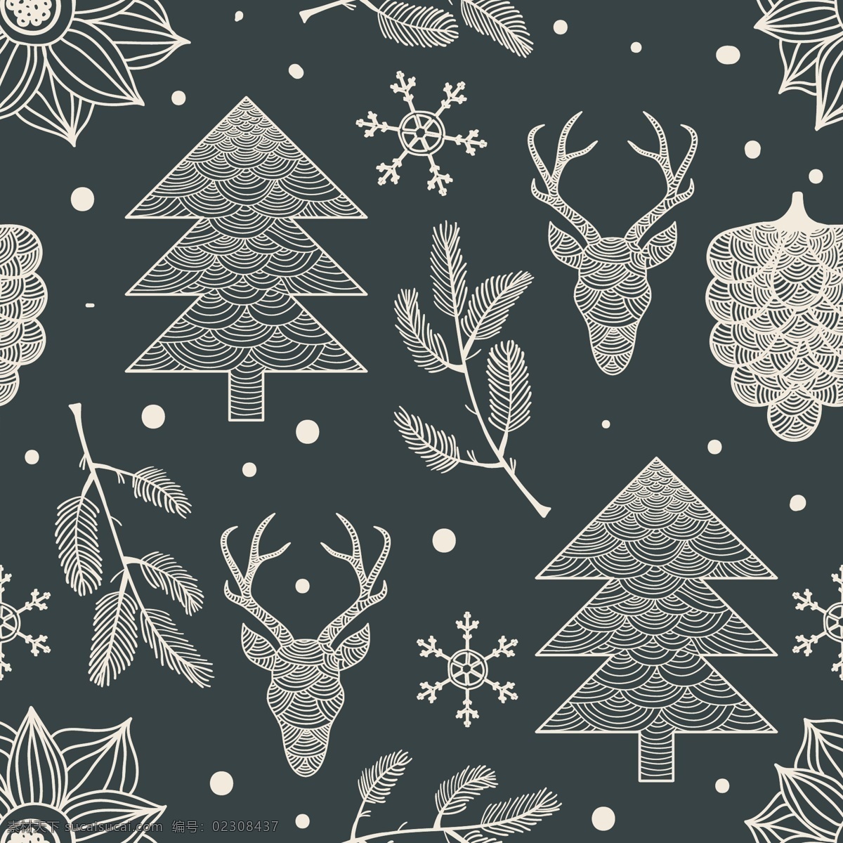深色 圣诞 图案 背景 简洁 手绘 松树 线条 雪花 驯鹿 矢量图 花纹花边