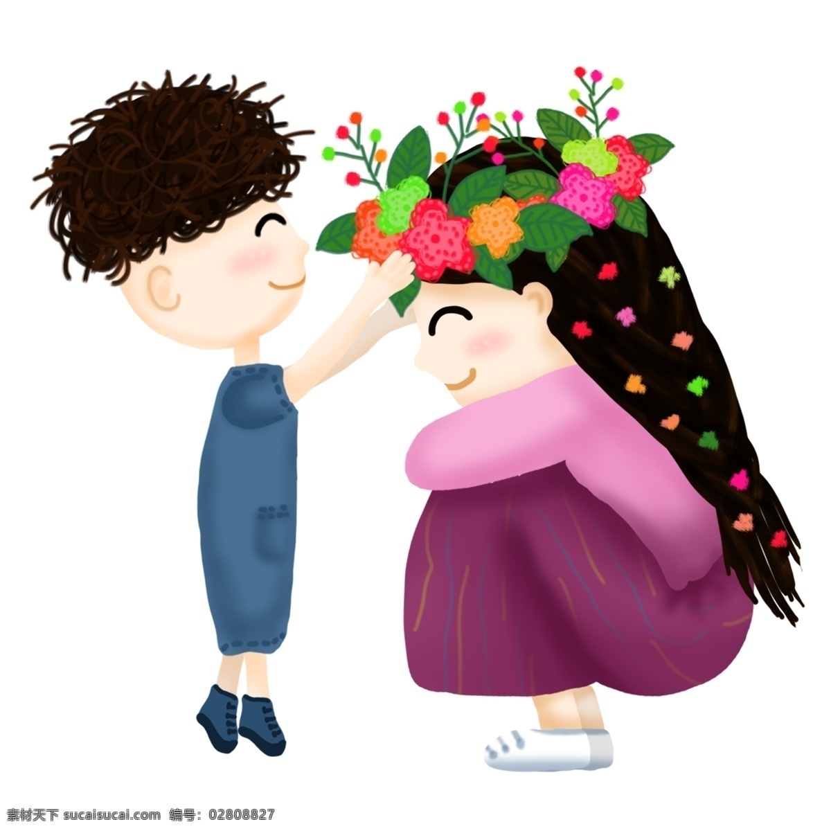 母亲节 孩子 妈妈 戴 花环 手绘 插画 春 夏 花 叶 母亲 儿子 小孩 儿童 女子 快乐 男孩 长发 裙子