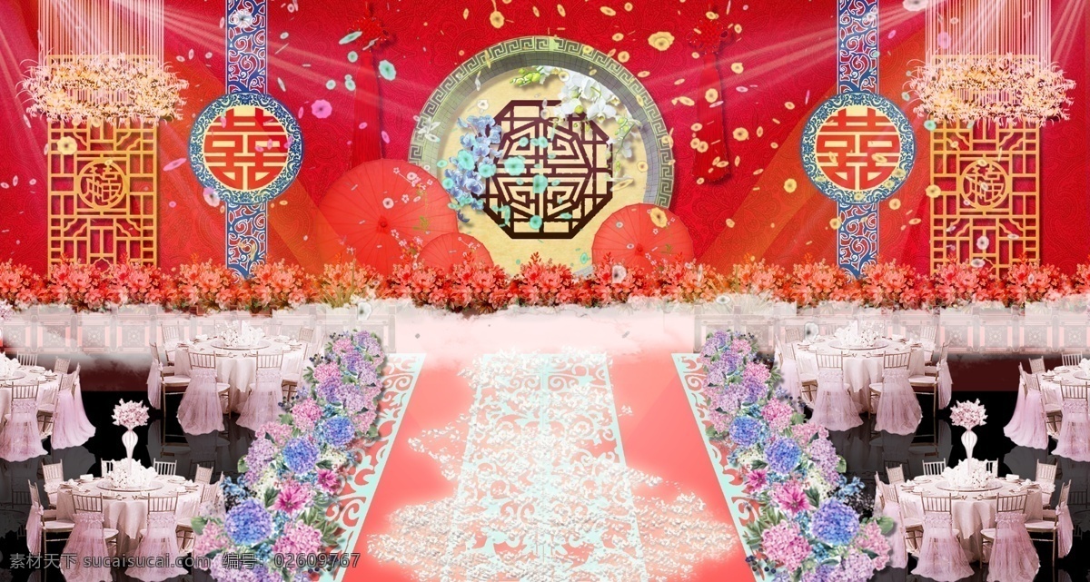 红色 中式 古风 唯美 婚礼 舞台 效果图 喜庆 古典 传统 伞 雕花