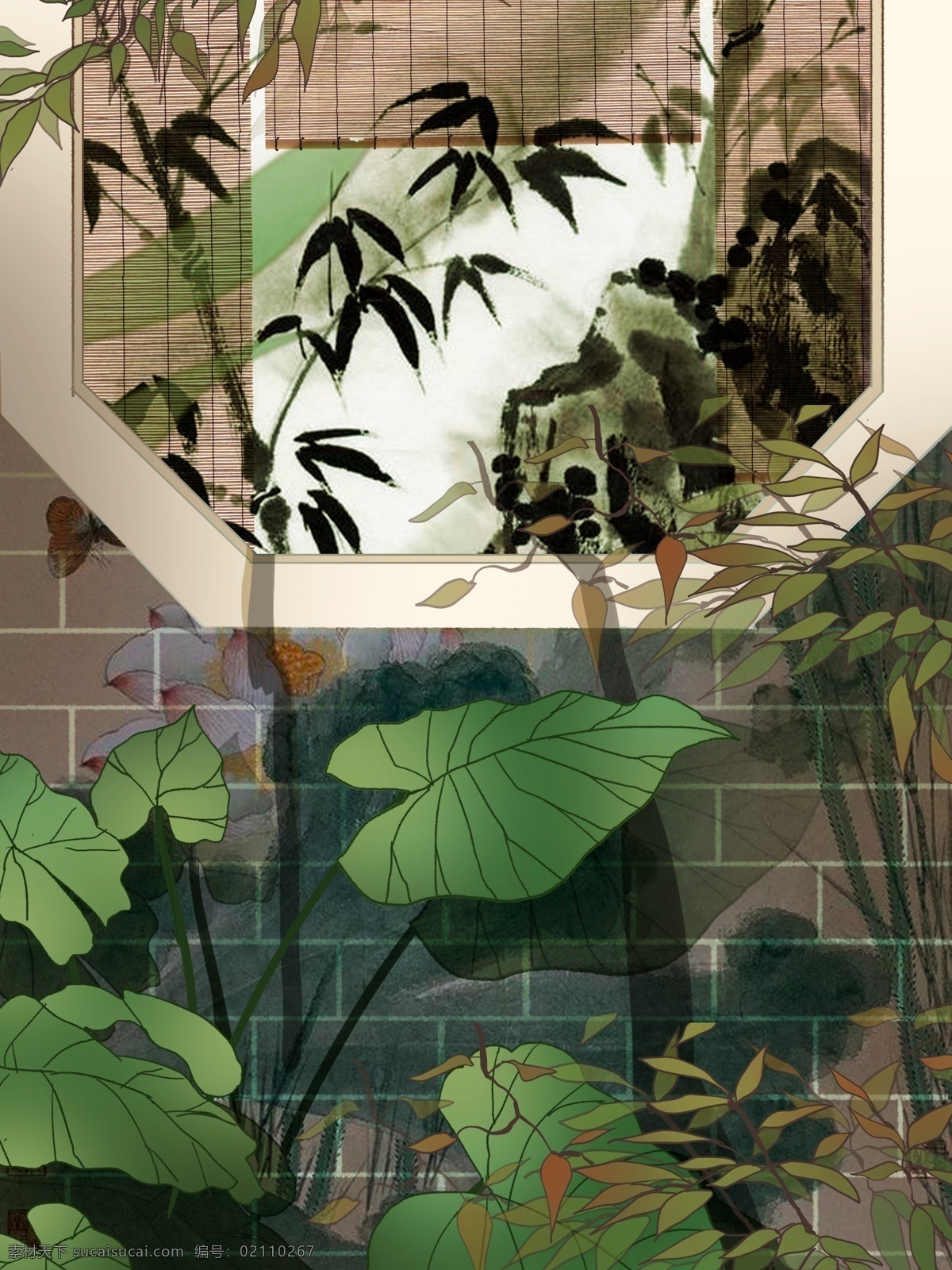 古风 唯美 小 清晰 植物 花卉 背景 树叶背景 绿色背景 治愈系背景 插画背景 植物背景 窗外风景 复古背景