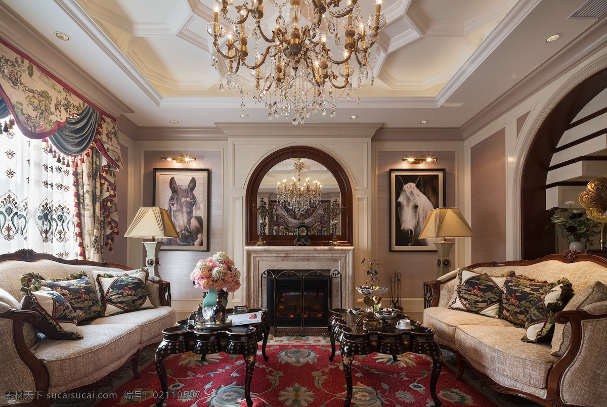 欧式 轻 奢 客厅 金色 水晶灯 室内装修 效果图 红色花纹地毯 金色水晶灯 客厅装修 浅色沙发