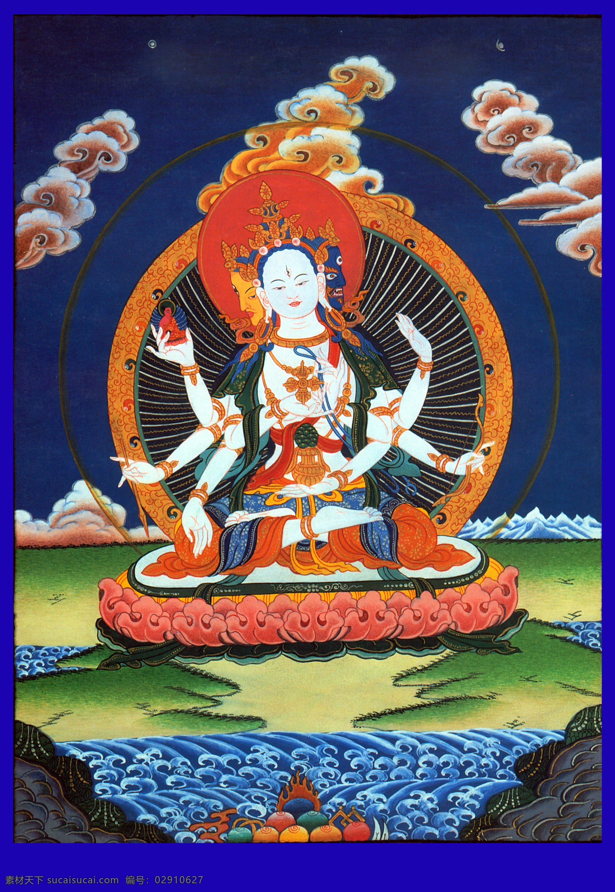 三头六臂 菩萨 神仙 唐卡 彩绘 佛教 宗教 信仰 卷轴画 书画文字 文化艺术