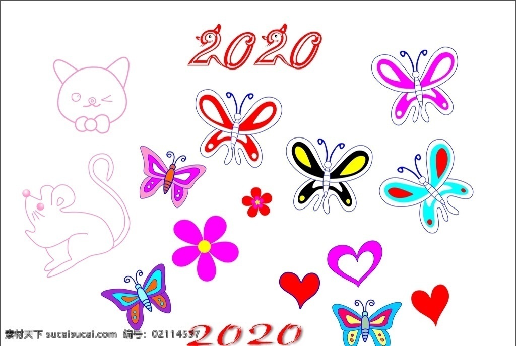 蝴蝶 2020 卡通 老鼠 心形 底纹边框 条纹线条