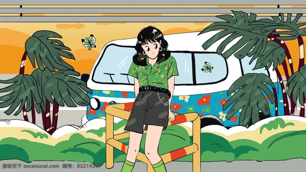 街角 休闲 清新 少女 卡通 元素 公交车 植物 背景 路边