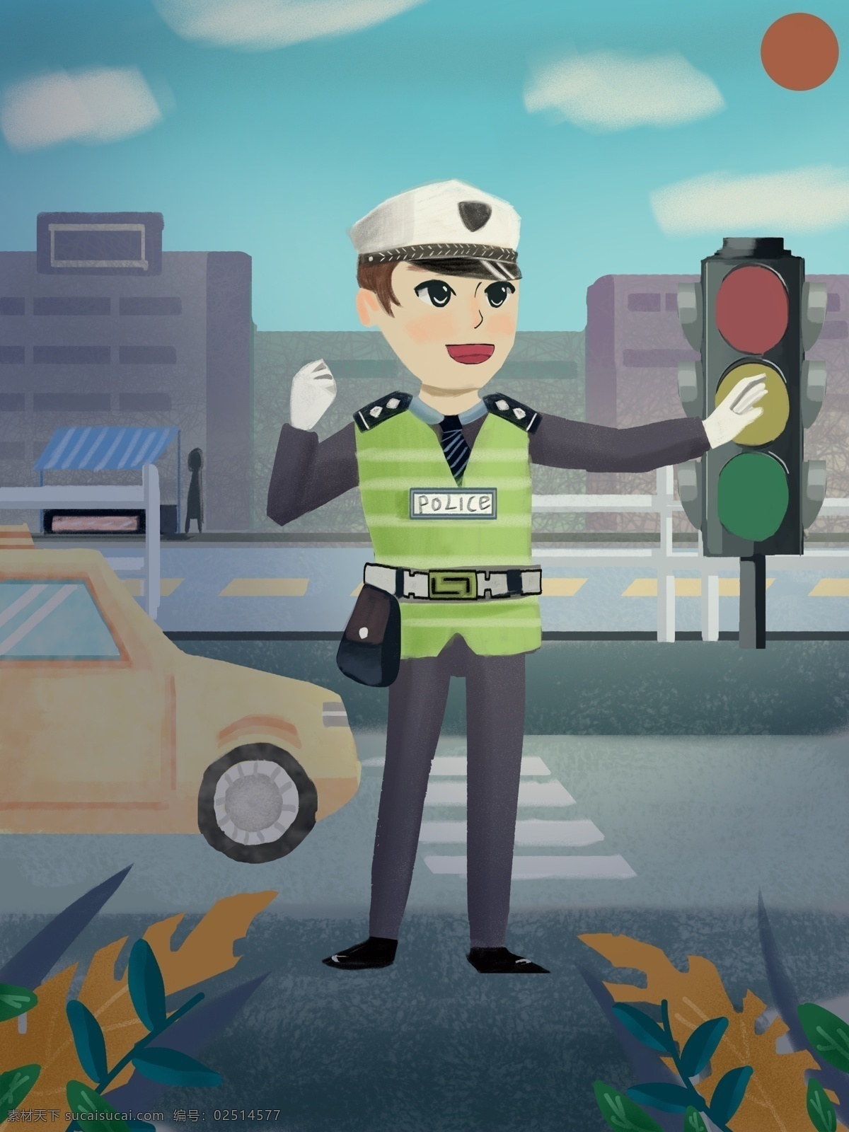 交通安全 交警 指挥 交通 肌理 原创 插画 警察 汽车 道路 安全 社会民生 治安 出行