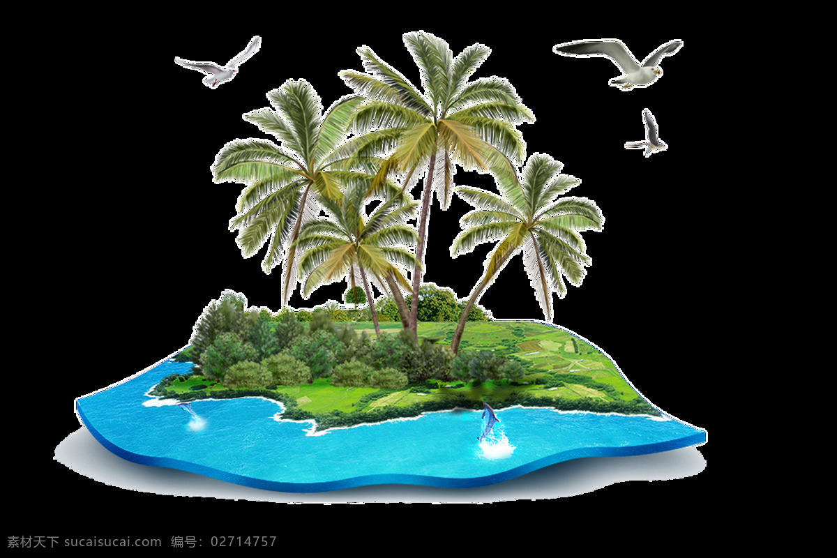 热带 海岛 模型 透明 草地 大海 海鸥 免扣素材 透明素材 椰树 装饰图片
