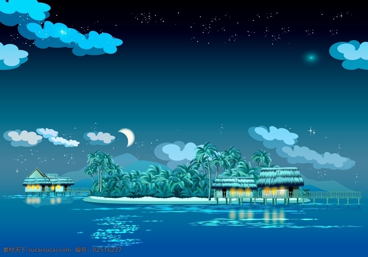 矢量 旅游度假 海岛 夜景 背景 度假 风景 海洋 蓝色 旅游
