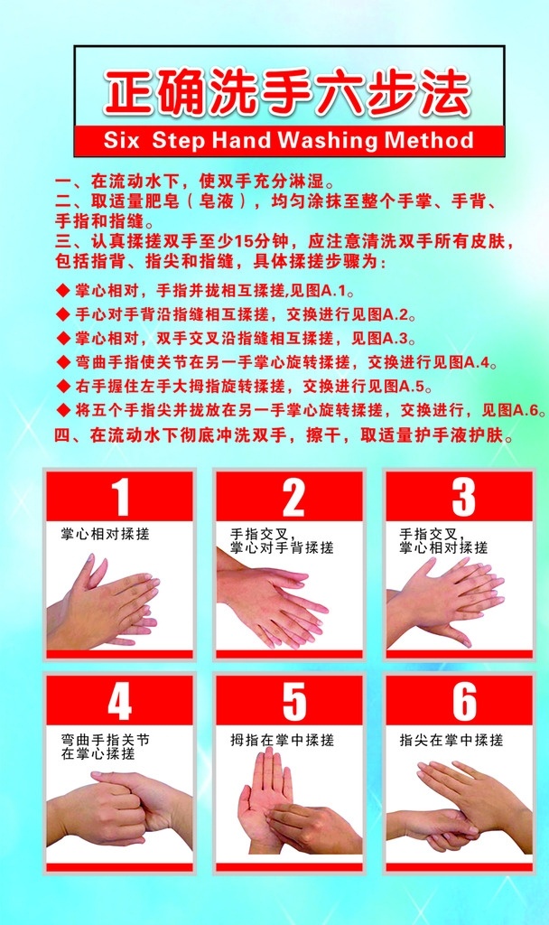 六部洗手法 6步洗手 洗手内容 蓝色背景 红色矩形 四点介绍