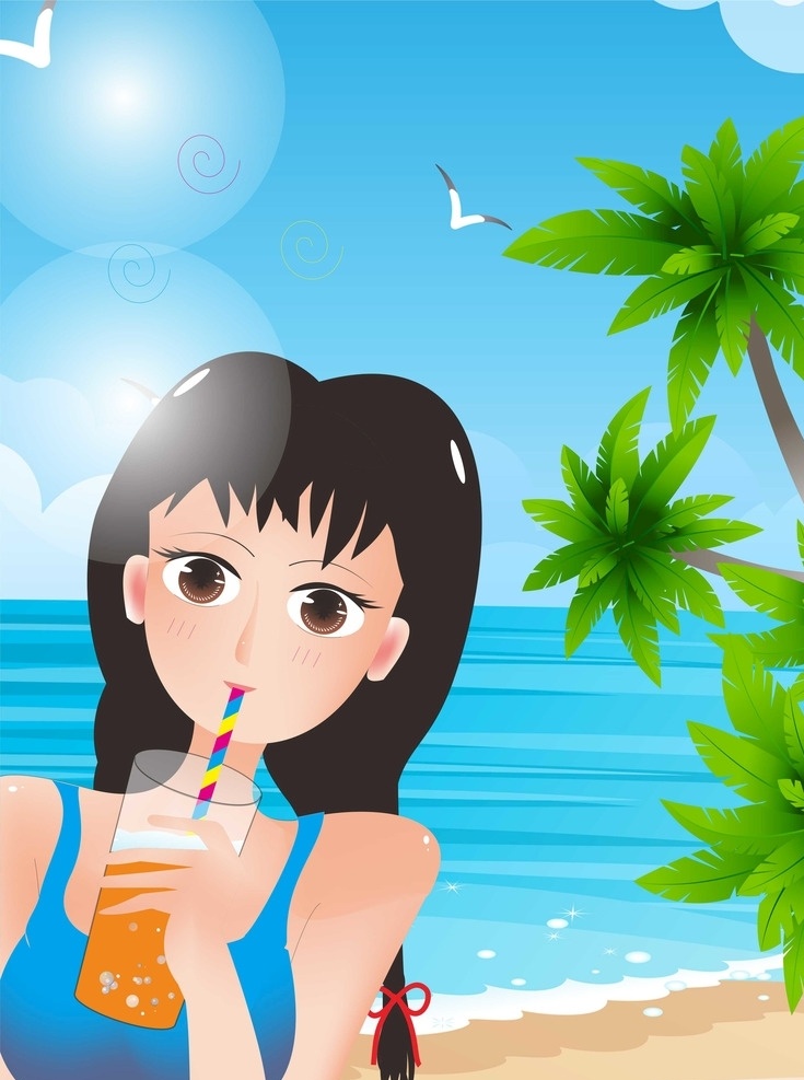 夏日 泳装 美女 海边 椰树 原创 手绘 清凉夏日 泳装美女 矢量 海洋 饮料 卡通设计