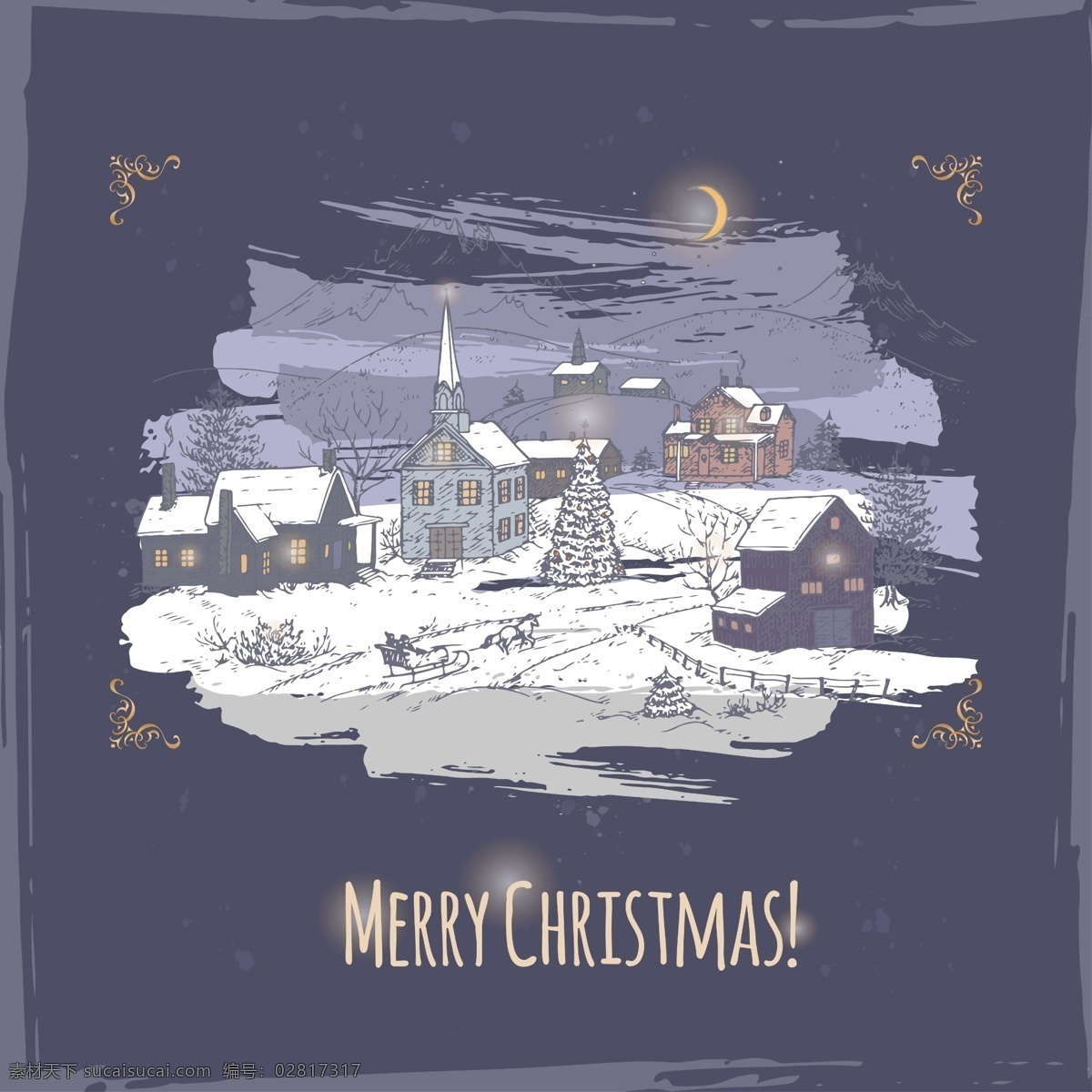 手绘 卡通 小 村庄 源文件 水彩 圣诞节 夜晚 圣诞树 装饰图案