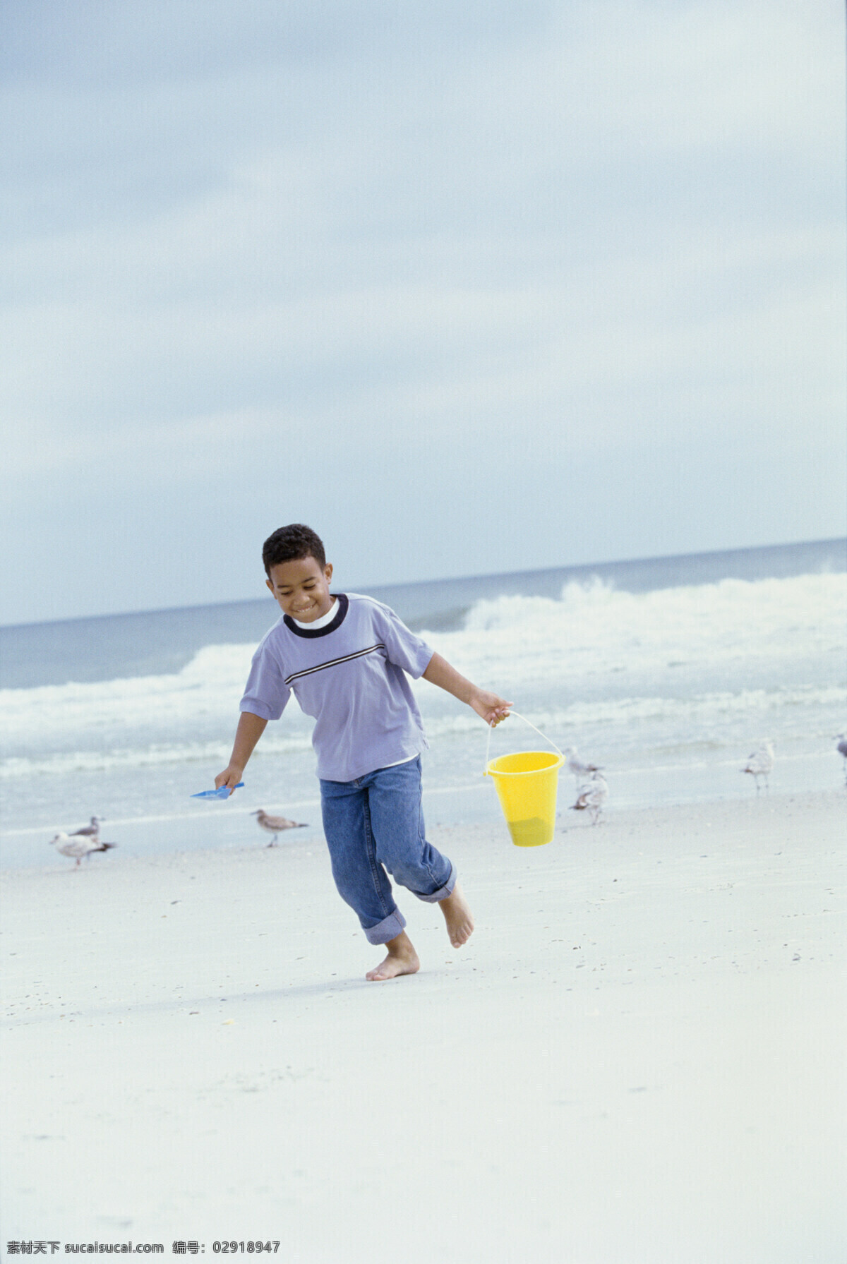 提 水桶 小 男孩 海边人物 沙滩 海滩 外国儿童 小男孩 黑人儿童 沙子 海鸥 大海 海浪 生活人物 人物图片