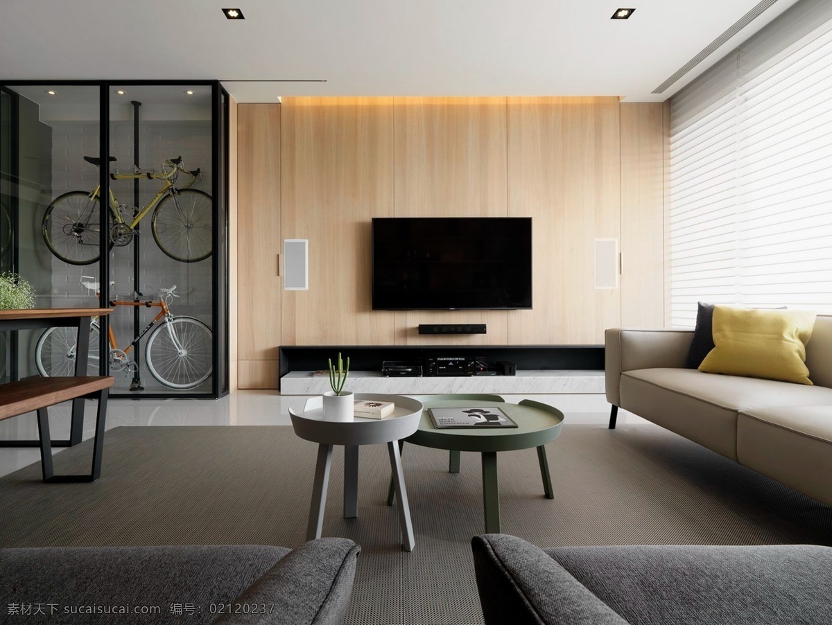现代 时尚 客厅 玻璃 展示架 室内装修 效果图 褐色地毯 客厅装修 木制背景墙 深灰色沙发 圆形茶几