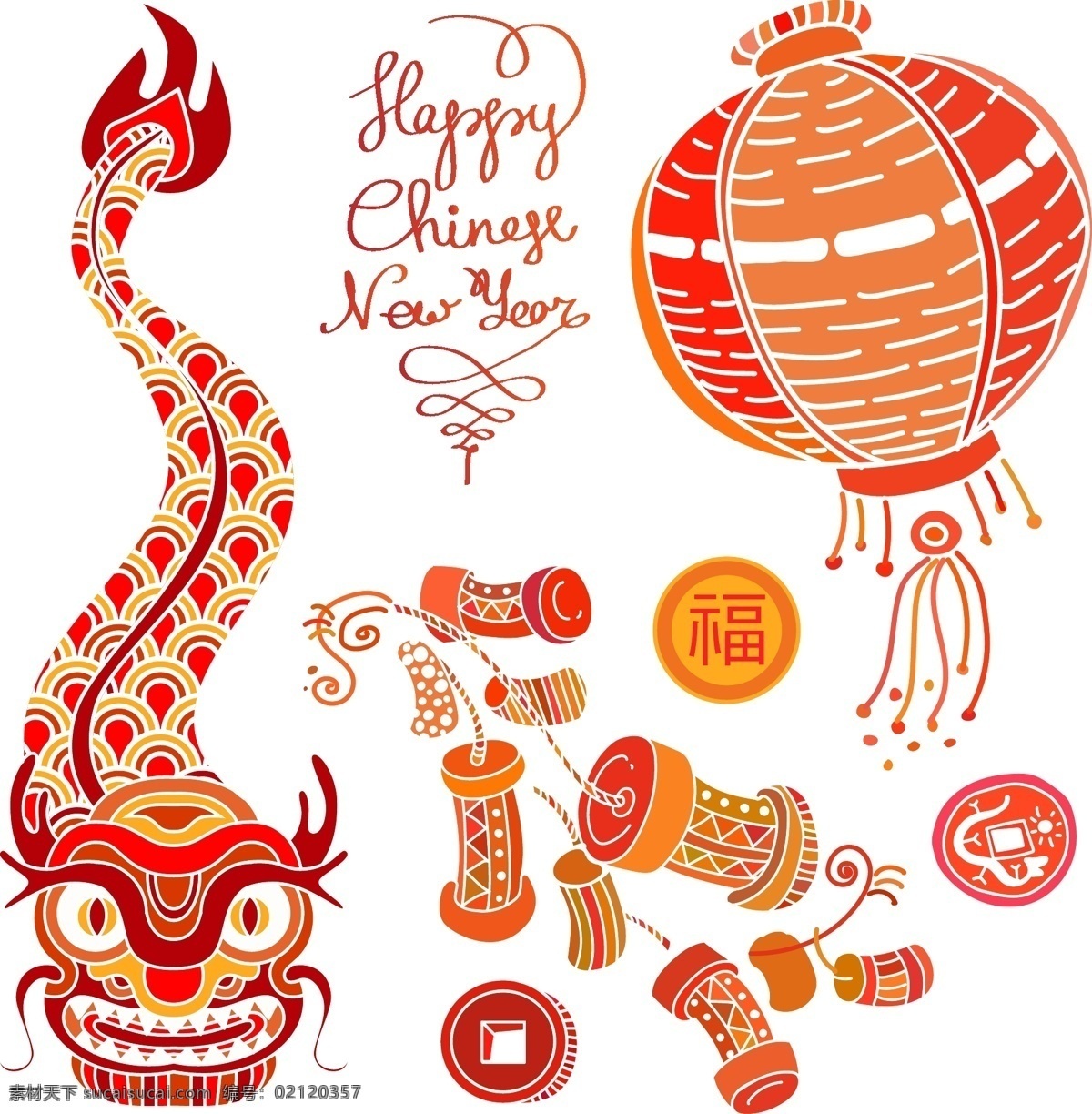 中国 传统 新年 元素 鞭炮 福子 红灯笼 新春 中国龙