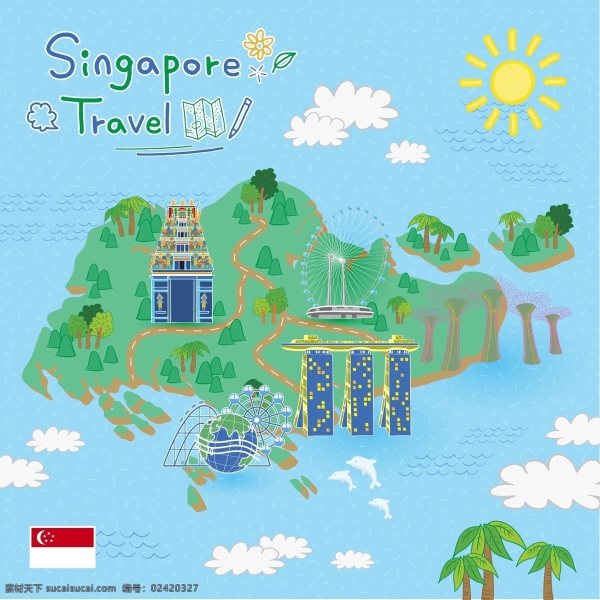 手绘 矢量 旅游 新加坡 景点 地图 圣淘沙 海报 背景 摩天轮 克拉码头 鱼尾狮 滨海湾 佛牙寺