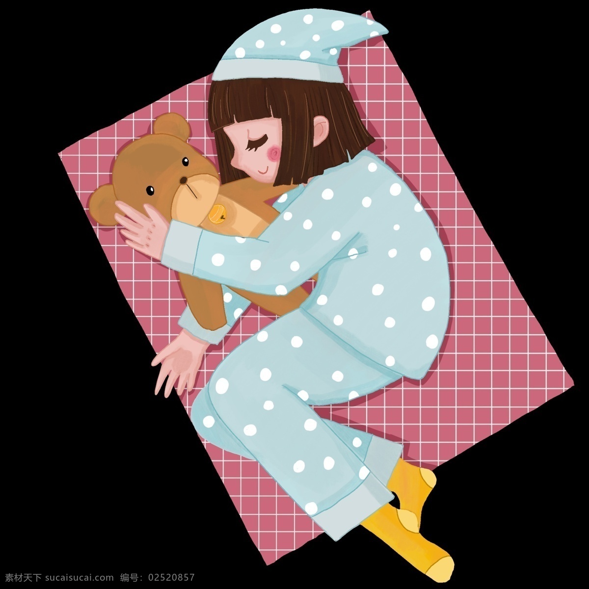 抱 小 熊 睡觉 小女孩 世界 睡眠 日 人物 插画 睡觉的小女孩 可爱的女孩 格子的垫子 卡通人物 黄色的小熊
