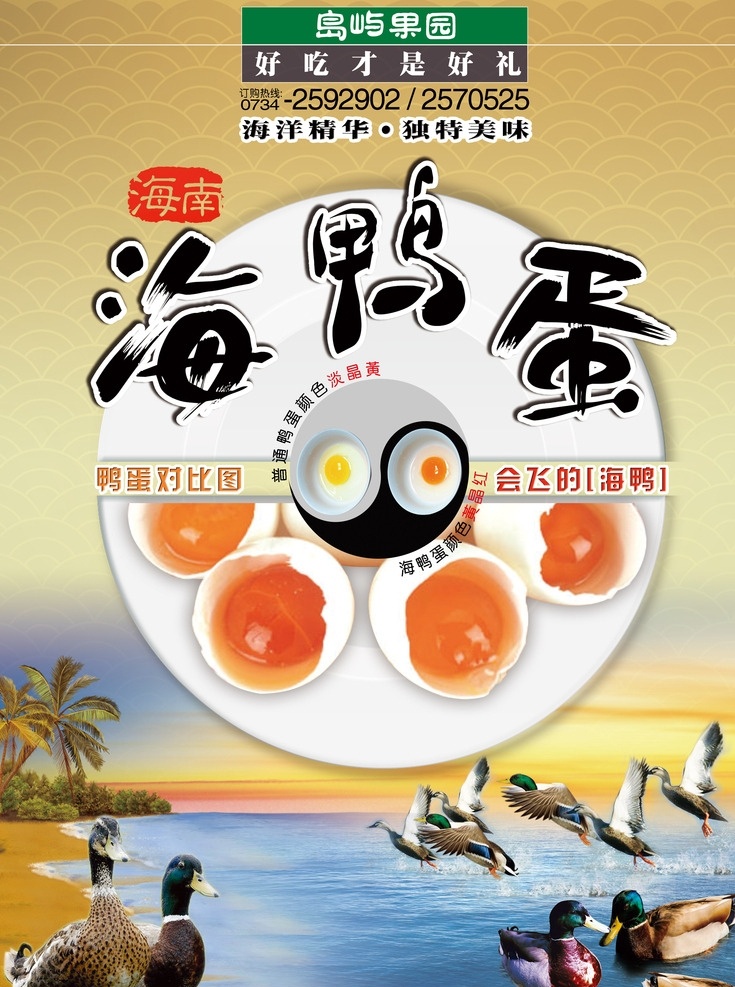海鸭蛋 海报 鸭子 夕阳 椰子树 大海 海浪 沙滩 天空 北欧雁 野鸭 海南 暖色 油画风格 艳丽 色彩 太极