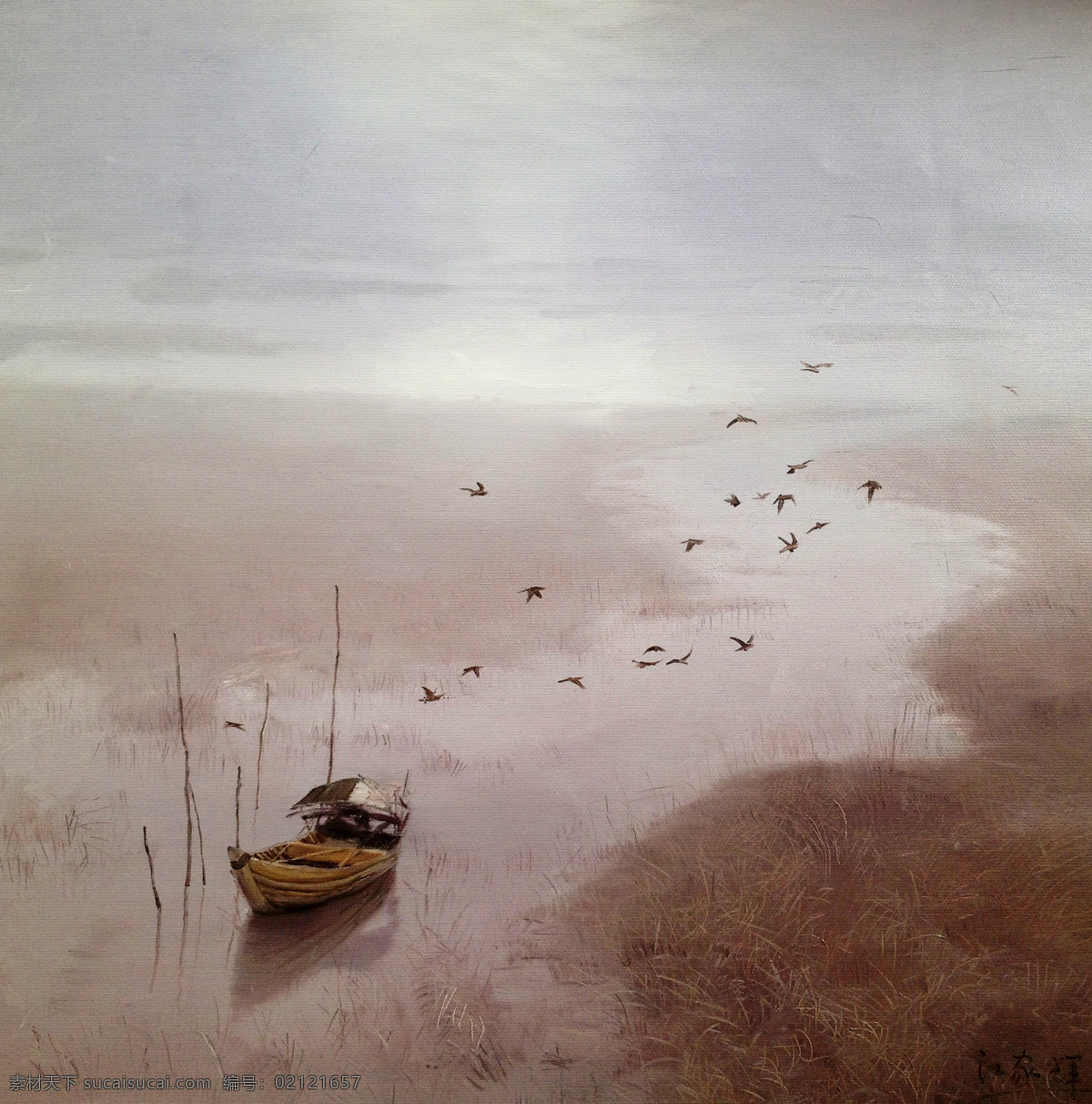 静静的河涌 美术 油画 风景画 乡村 河流 河滩 木船 飞鸟 野草 雾气 国画艺术 油画作品34 绘画书法 文化艺术