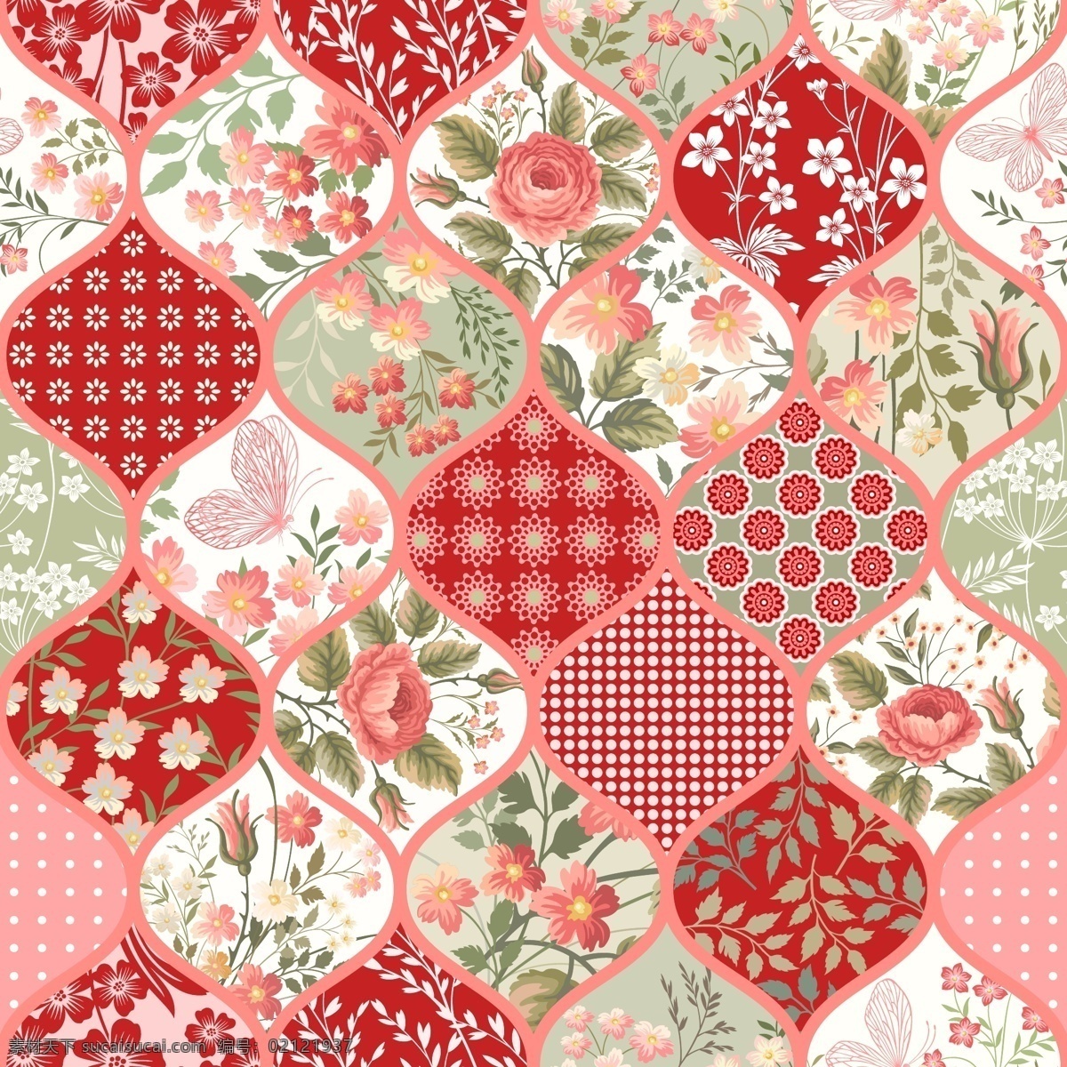 红色 中 国风 花卉 蝴蝶 无缝 拼接 图案 矢量 鲜花 花纹 花朵 矢量素材 包装 复古 中式 圆点 波点 平面素材 填充 背景 广告背景