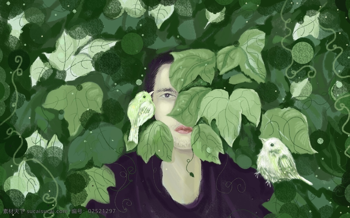 夏日 男孩 小鸟 植物 森林 插画 绿色 装饰画 小清新 背景